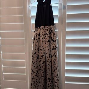 Black Sleeveless Top Maxi Dress with Ivory and Black Print Skirt